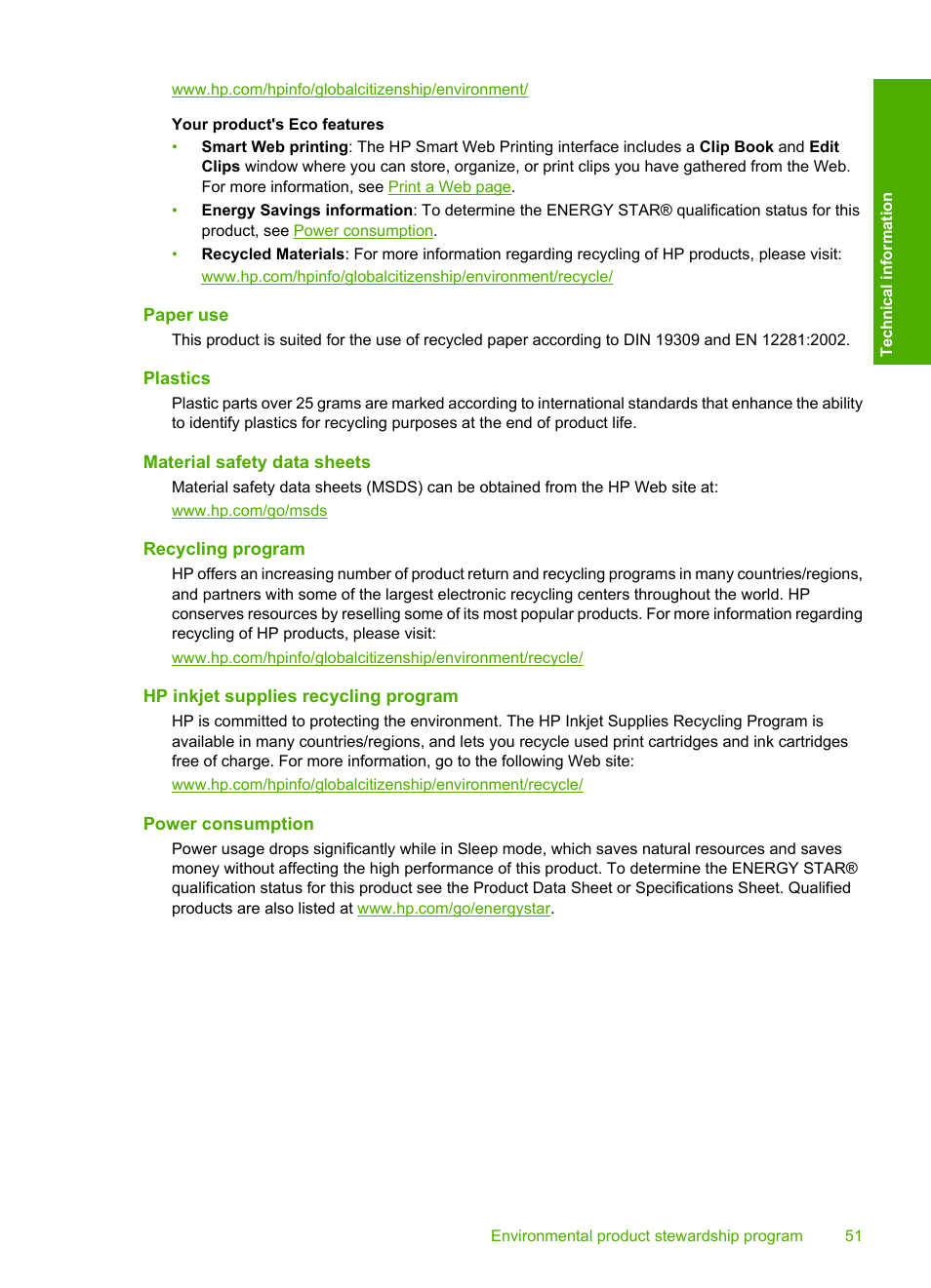 Paper use, Plastics, Material safety data sheets | Recycling program, Hp inkjet supplies recycling program, Power consumption | HP Deskjet D1668 Printer User Manual | Page 53 / 60