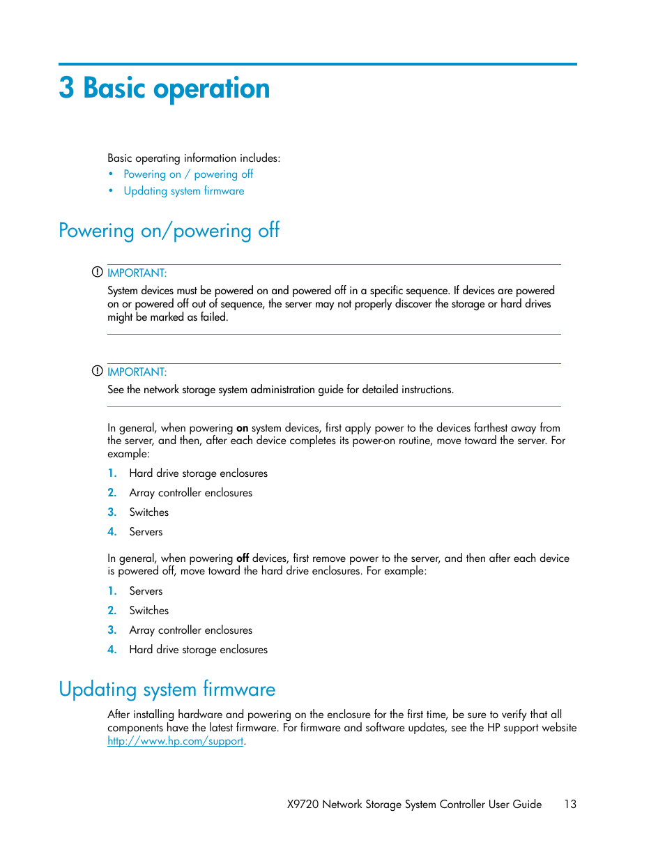 3 basic operation, Powering on/powering off, Updating system firmware | 13 updating system firmware | HP StoreAll Storage User Manual | Page 13 / 50