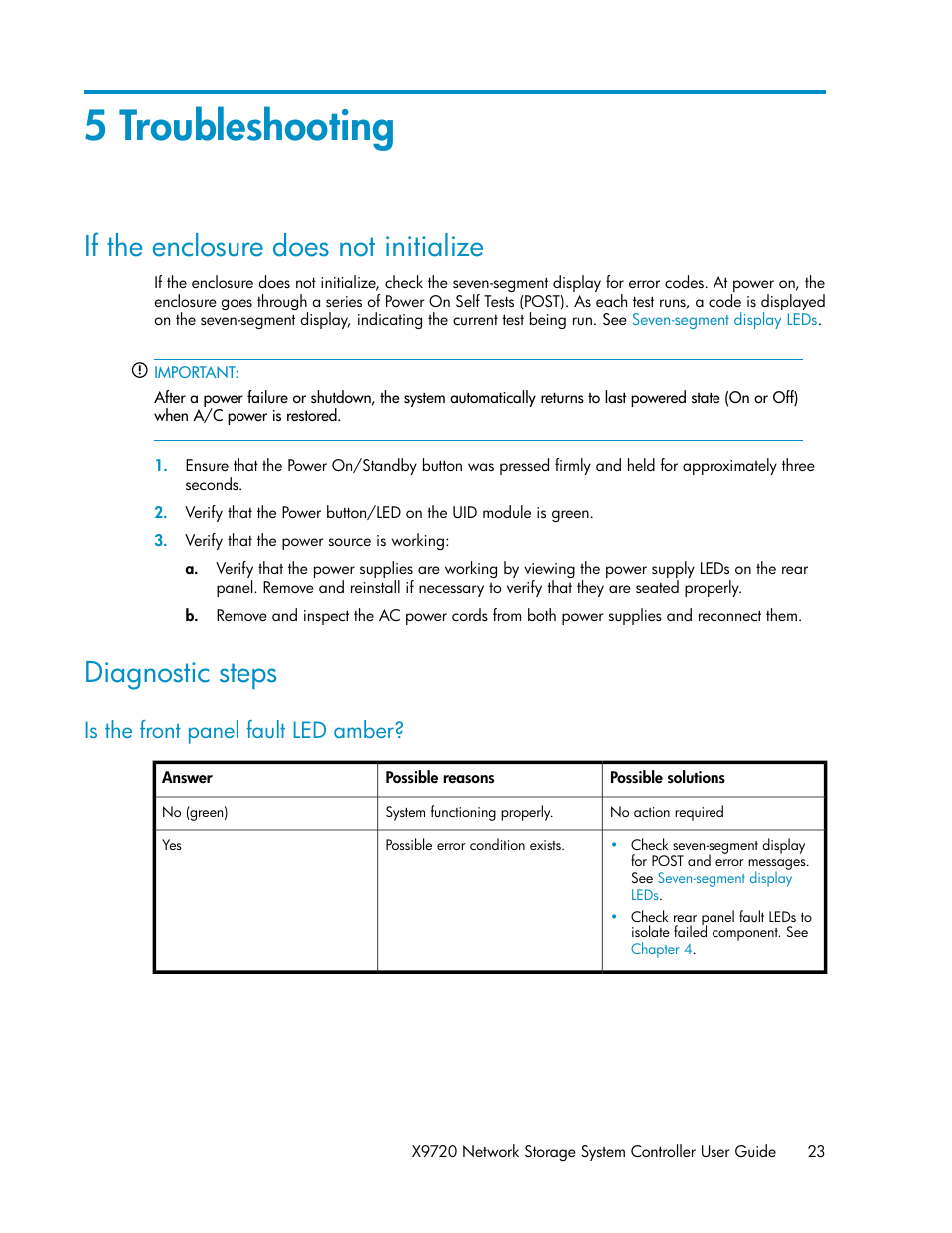 5 troubleshooting, If the enclosure does not initialize, Diagnostic steps | Is the front panel fault led amber, 23 diagnostic steps | HP StoreAll Storage User Manual | Page 23 / 50