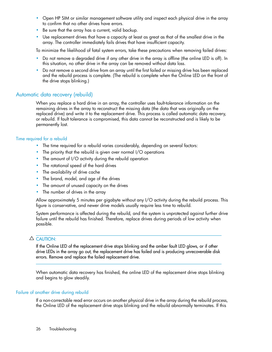 Automatic data recovery (rebuild), Time required for a rebuild, Failure of another drive during rebuild | HP StoreAll Storage User Manual | Page 26 / 50