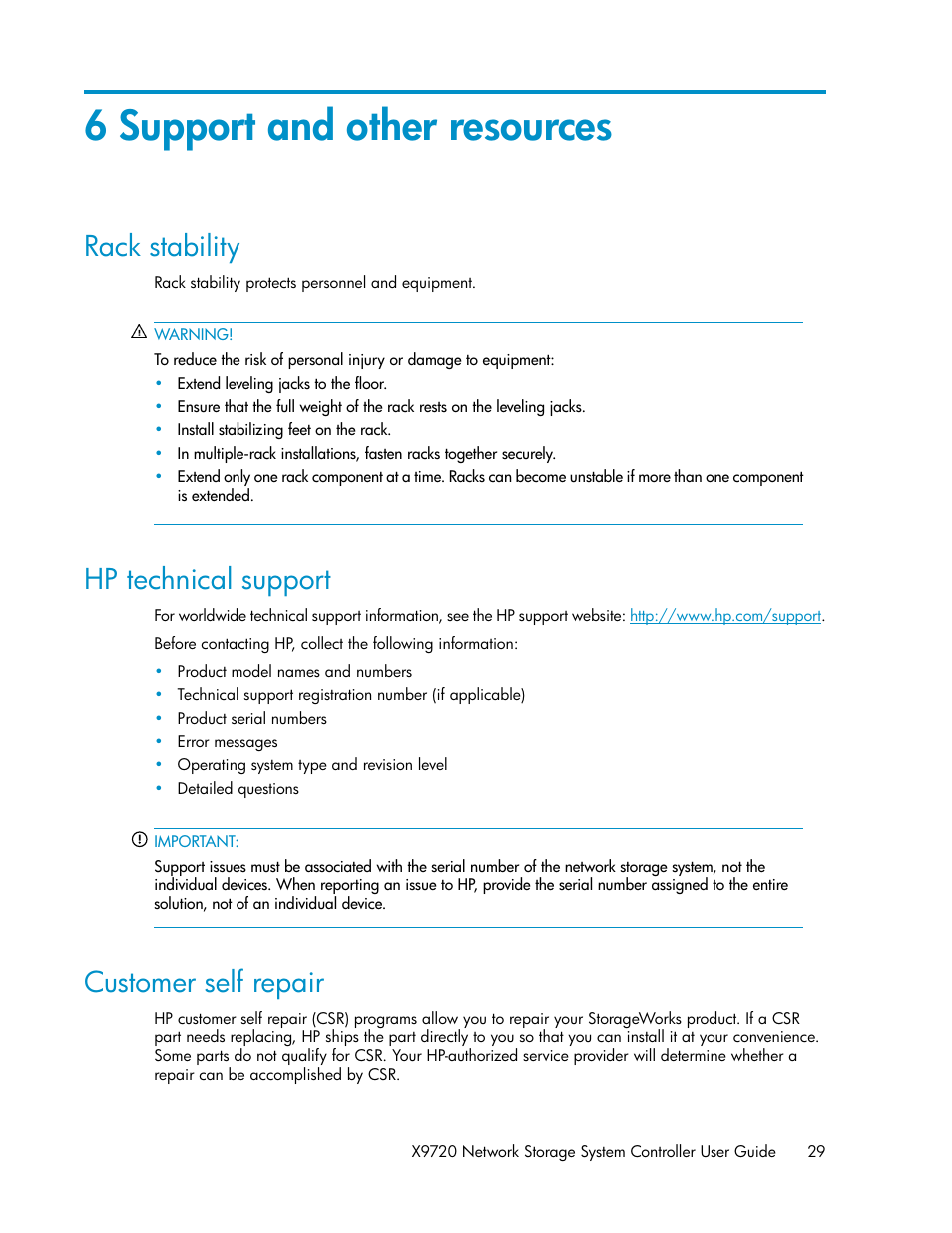 6 support and other resources, Rack stability, Hp technical support | Customer self repair, 29 hp technical support, 29 customer self repair | HP StoreAll Storage User Manual | Page 29 / 50