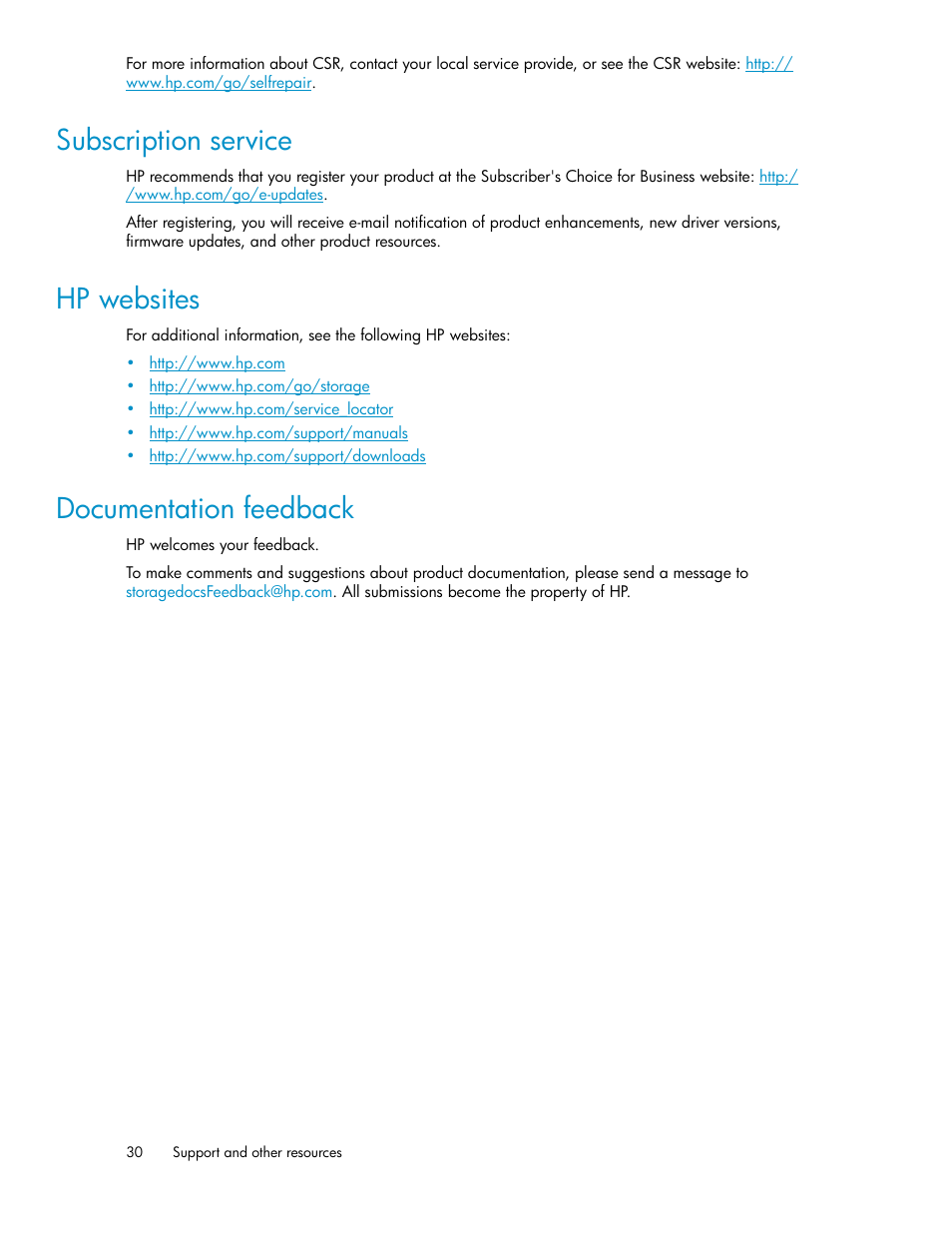 Subscription service, Hp websites, Documentation feedback | 30 hp websites, 30 documentation feedback | HP StoreAll Storage User Manual | Page 30 / 50