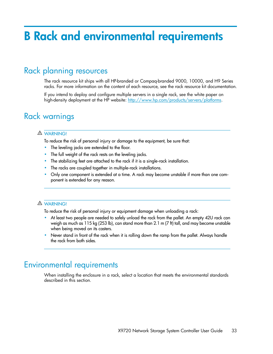 B rack and environmental requirements, Rack planning resources, Rack warnings | Environmental requirements, 33 rack warnings, 33 environmental requirements | HP StoreAll Storage User Manual | Page 33 / 50