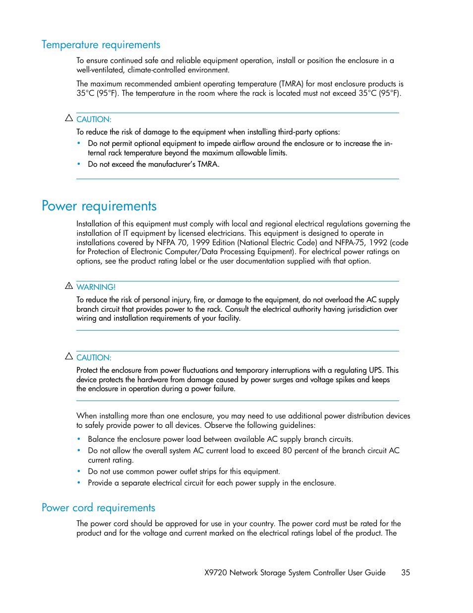Temperature requirements, Power requirements, Power cord requirements | HP StoreAll Storage User Manual | Page 35 / 50