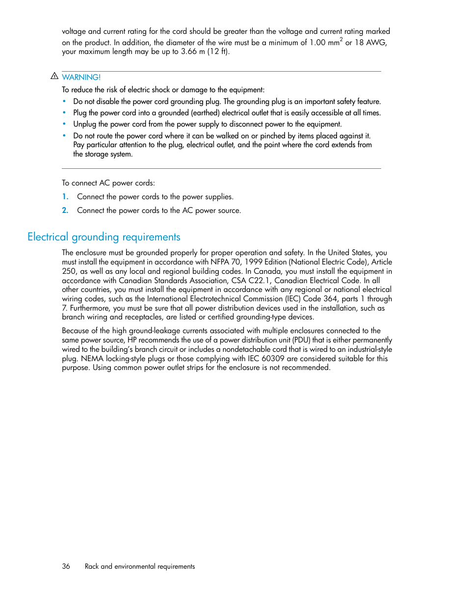 Electrical grounding requirements | HP StoreAll Storage User Manual | Page 36 / 50