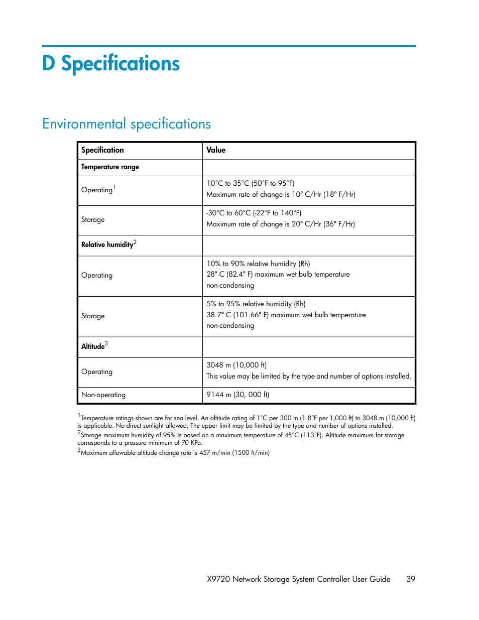 D specifications, Environmental specifications | HP StoreAll Storage User Manual | Page 39 / 50