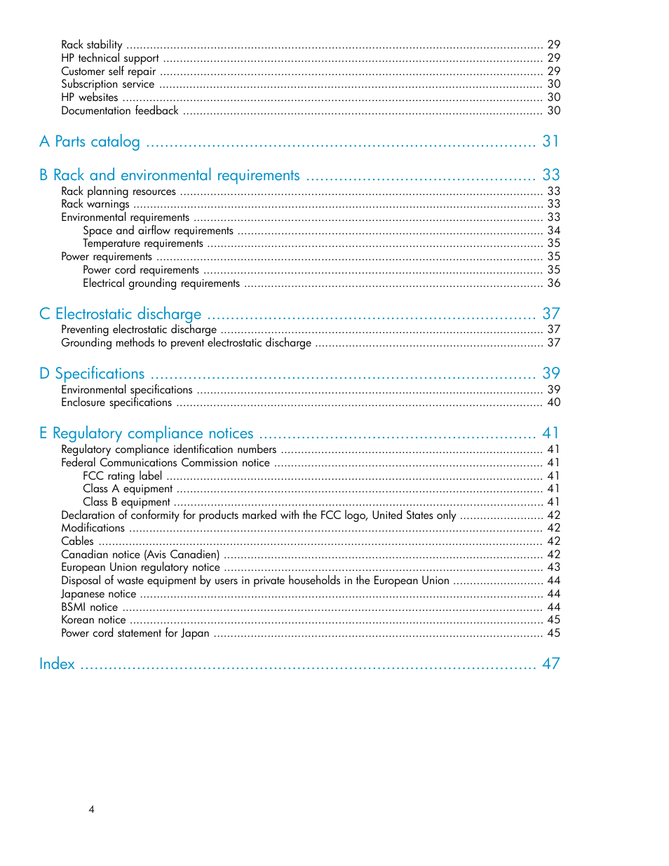 C electrostatic discharge, D specifications, E regulatory compliance notices | Index | HP StoreAll Storage User Manual | Page 4 / 50