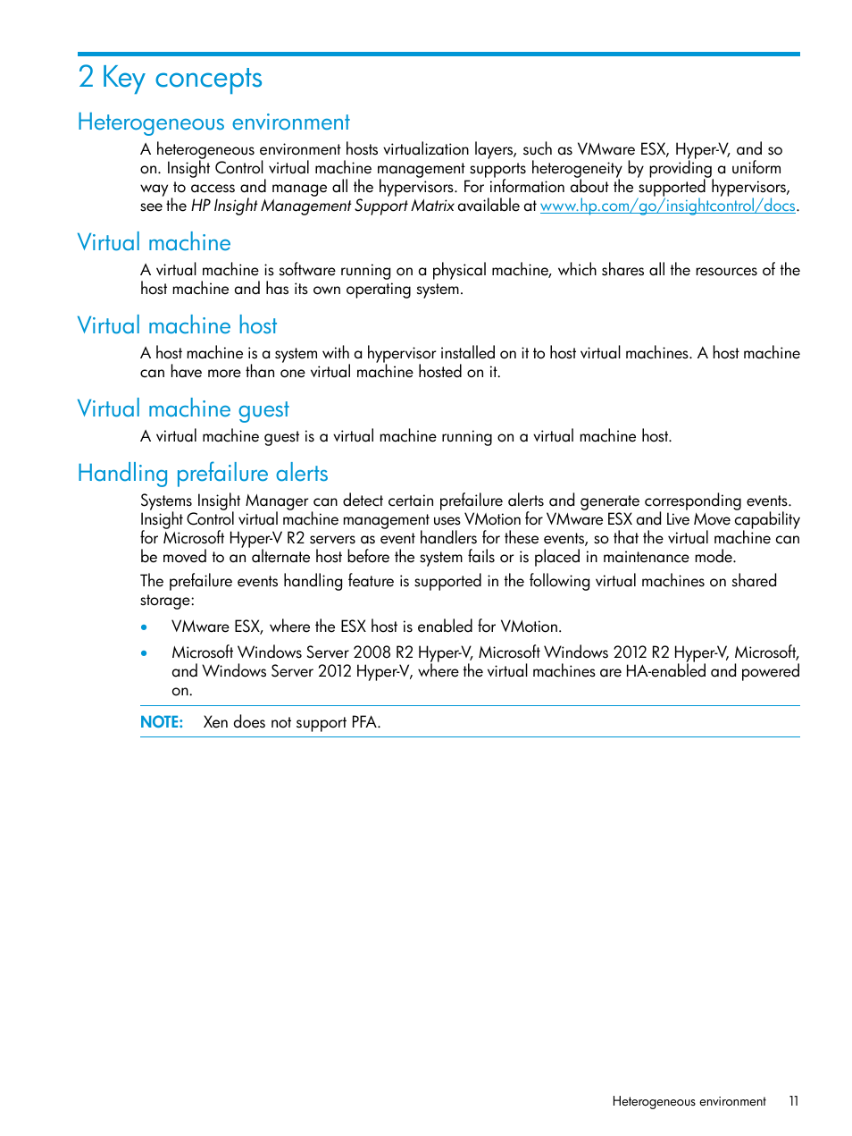 2 key concepts, Heterogeneous environment, Virtual machine | Virtual machine host, Virtual machine guest, Handling prefailure alerts | HP Insight Control Software for Linux User Manual | Page 11 / 59