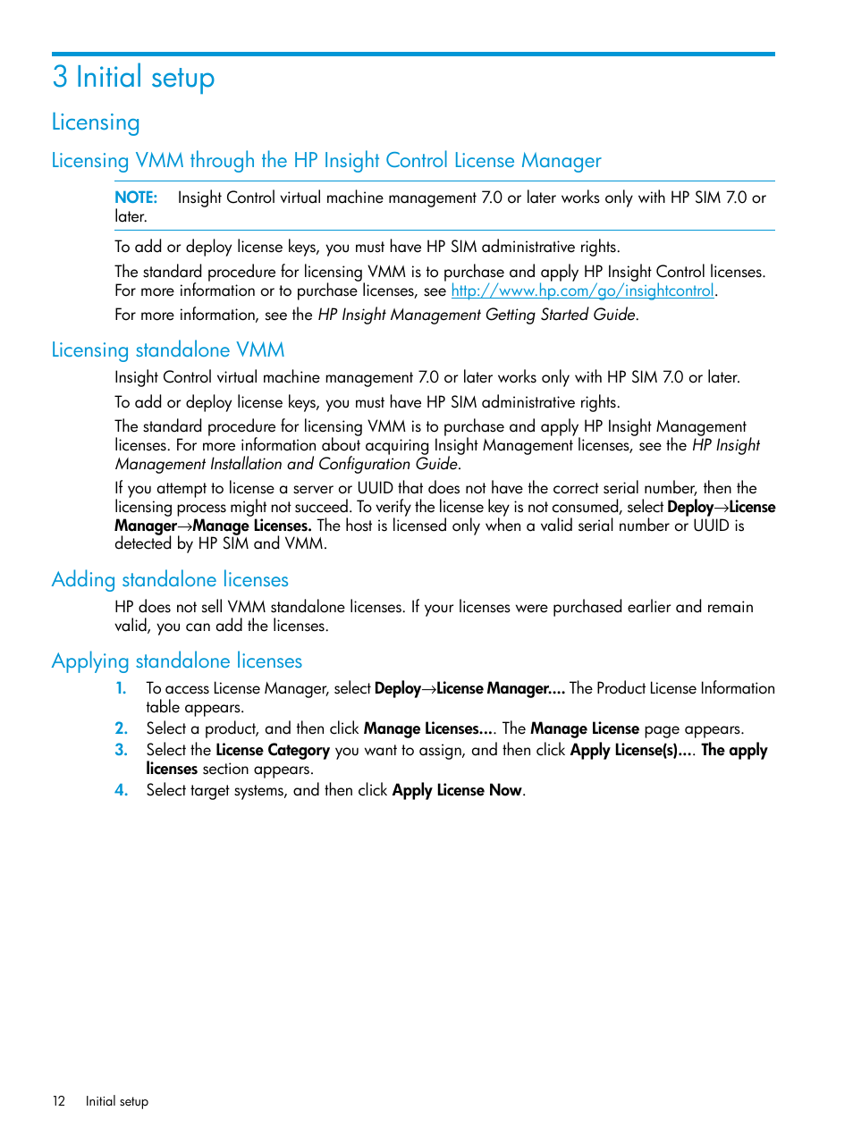 3 initial setup, Licensing, Licensing standalone vmm | Adding standalone licenses, Applying standalone licenses | HP Insight Control Software for Linux User Manual | Page 12 / 59
