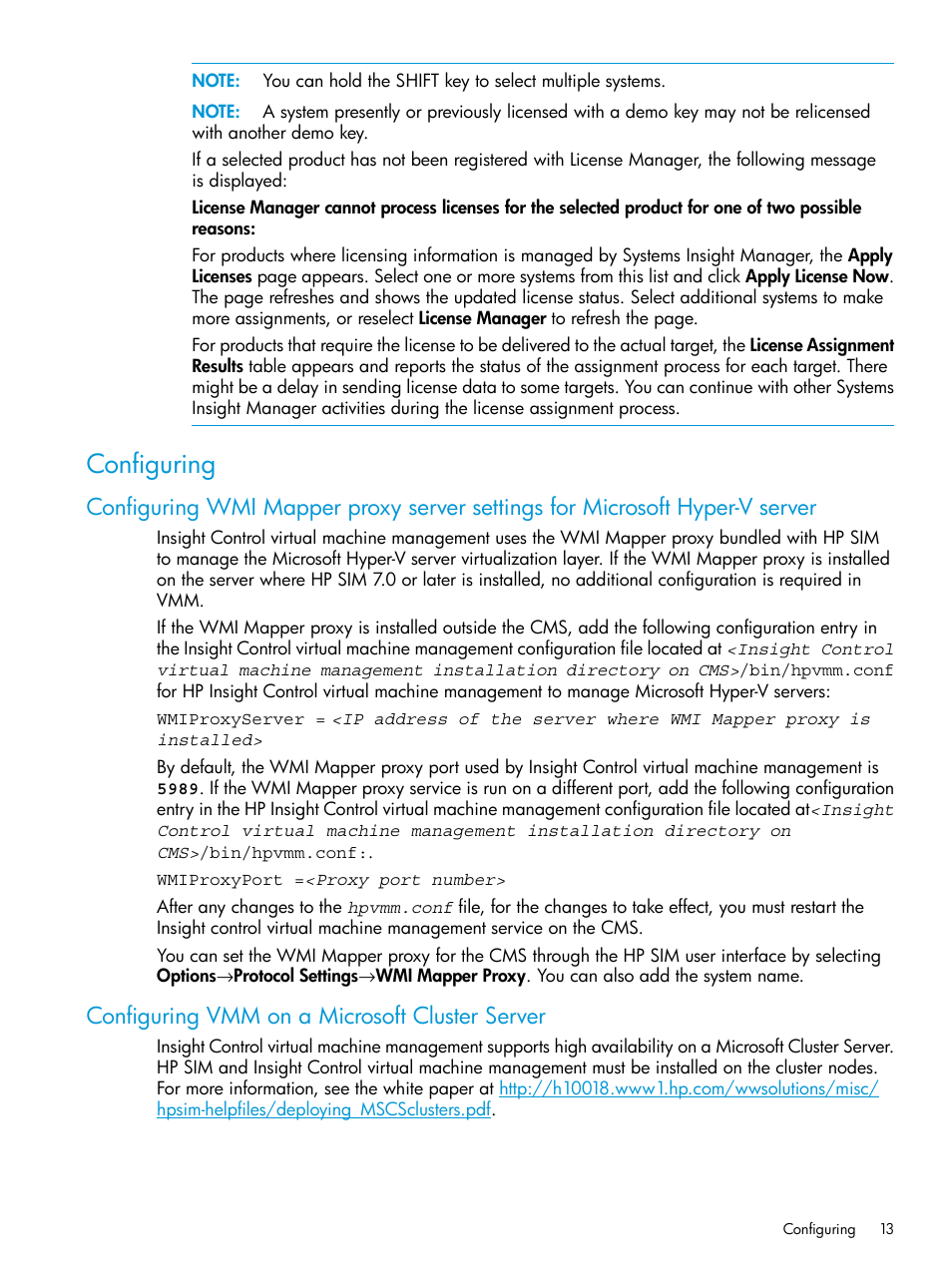 Configuring, Configuring vmm on a microsoft cluster server | HP Insight Control Software for Linux User Manual | Page 13 / 59