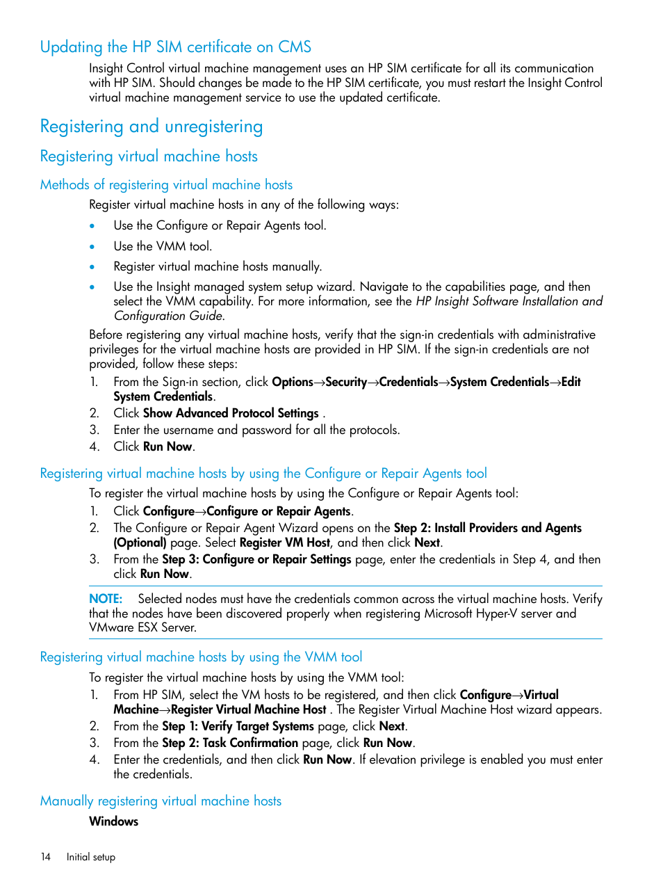Updating the hp sim certificate on cms, Registering and unregistering, Registering virtual machine hosts | Methods of registering virtual machine hosts, Manually registering virtual machine hosts | HP Insight Control Software for Linux User Manual | Page 14 / 59