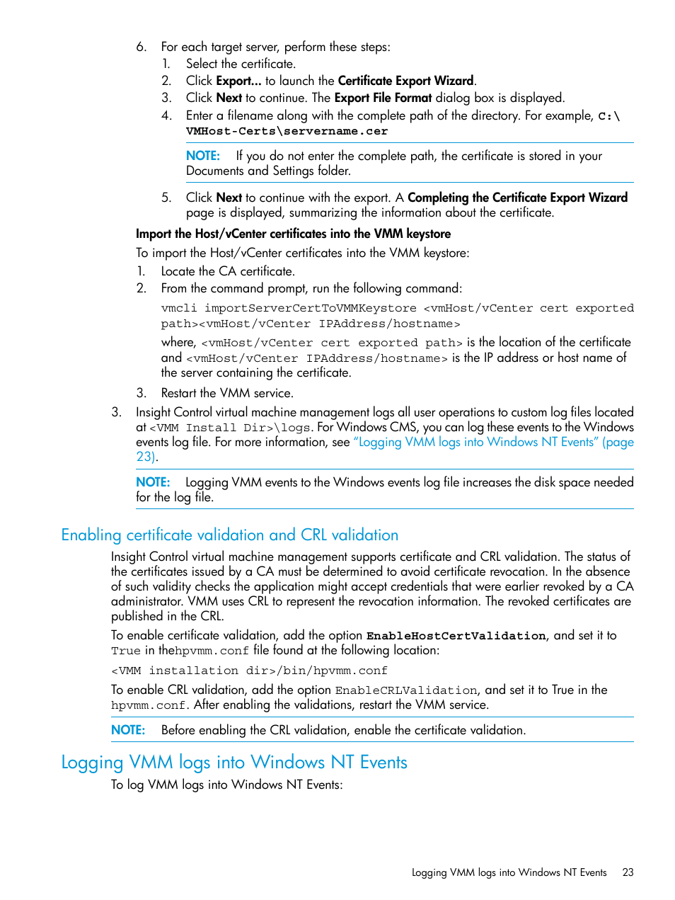 Enabling certificate validation and crl validation, Logging vmm logs into windows nt events | HP Insight Control Software for Linux User Manual | Page 23 / 59