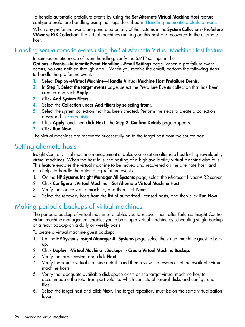 Setting alternate hosts, Making periodic backups of virtual machines | HP Insight Control Software for Linux User Manual | Page 26 / 59