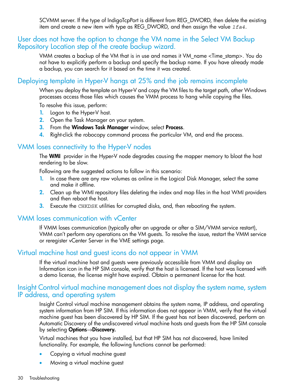 Vmm loses connectivity to the hyper-v nodes, Vmm loses communication with vcenter | HP Insight Control Software for Linux User Manual | Page 30 / 59