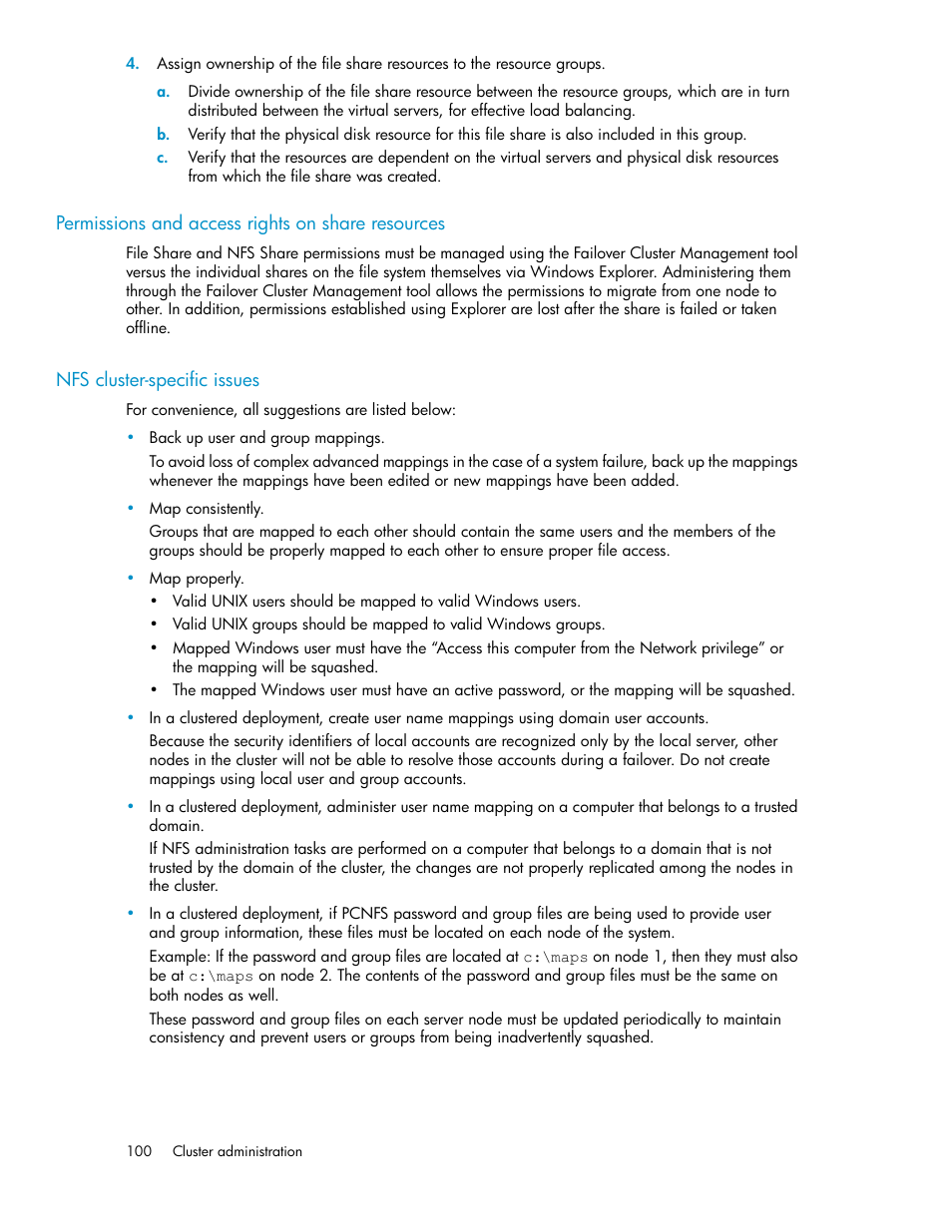 Permissions and access rights on share resources, Nfs cluster-specific issues, 100 nfs cluster-specific issues | HP X1000 Network Storage Systems User Manual | Page 100 / 146