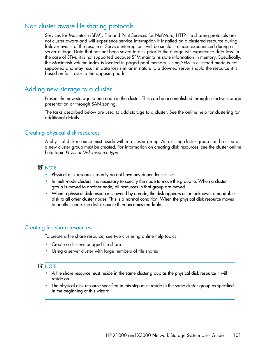 Non cluster aware file sharing protocols, Adding new storage to a cluster, Creating physical disk resources | Creating file share resources, 101 adding new storage to a cluster, 101 creating file share resources | HP X1000 Network Storage Systems User Manual | Page 101 / 146