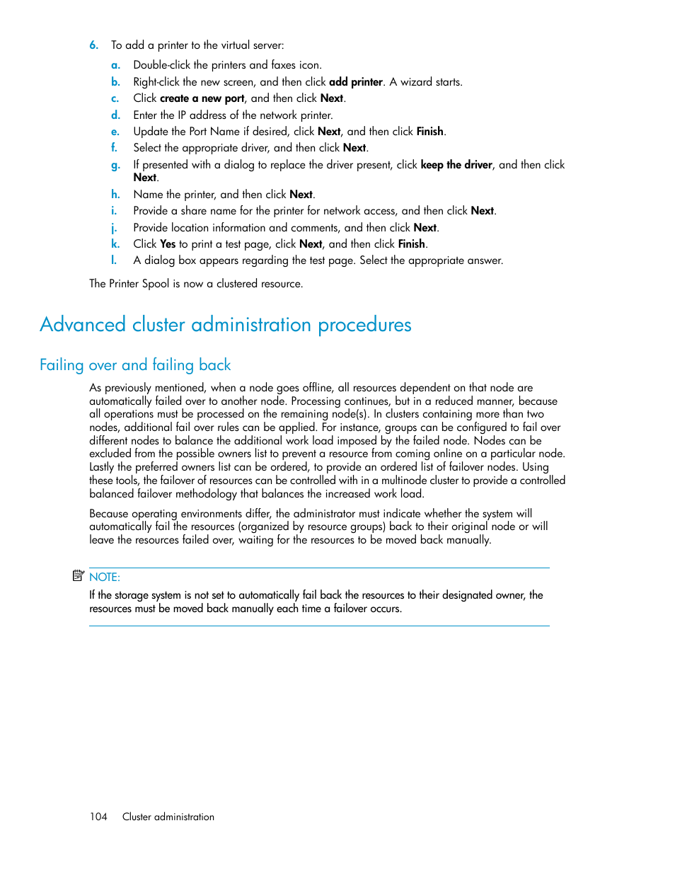 Advanced cluster administration procedures, Failing over and failing back | HP X1000 Network Storage Systems User Manual | Page 104 / 146