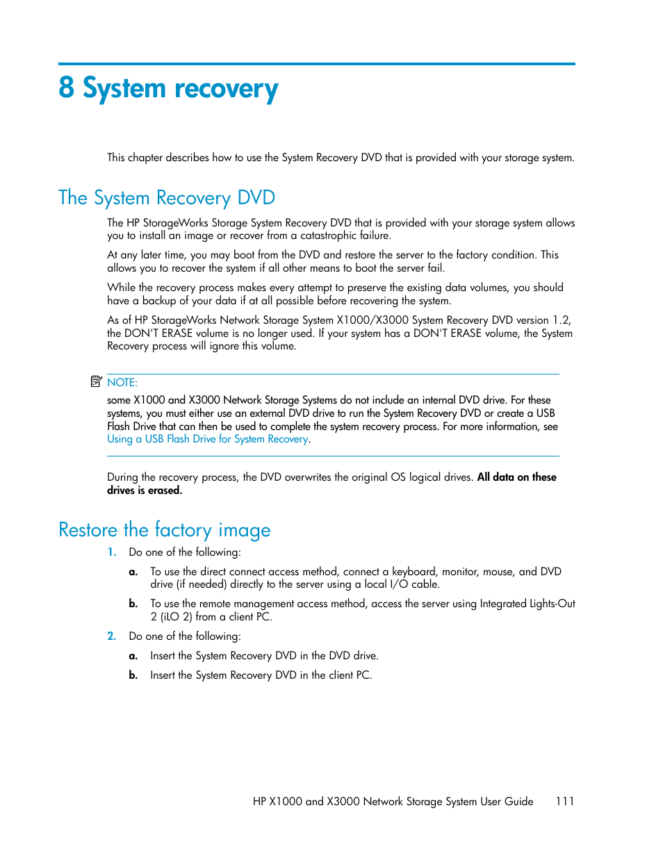 8 system recovery, The system recovery dvd, Restore the factory image | 111 restore the factory image | HP X1000 Network Storage Systems User Manual | Page 111 / 146