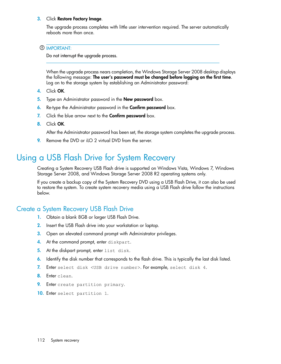 Using a usb flash drive for system recovery, Create a system recovery usb flash drive | HP X1000 Network Storage Systems User Manual | Page 112 / 146