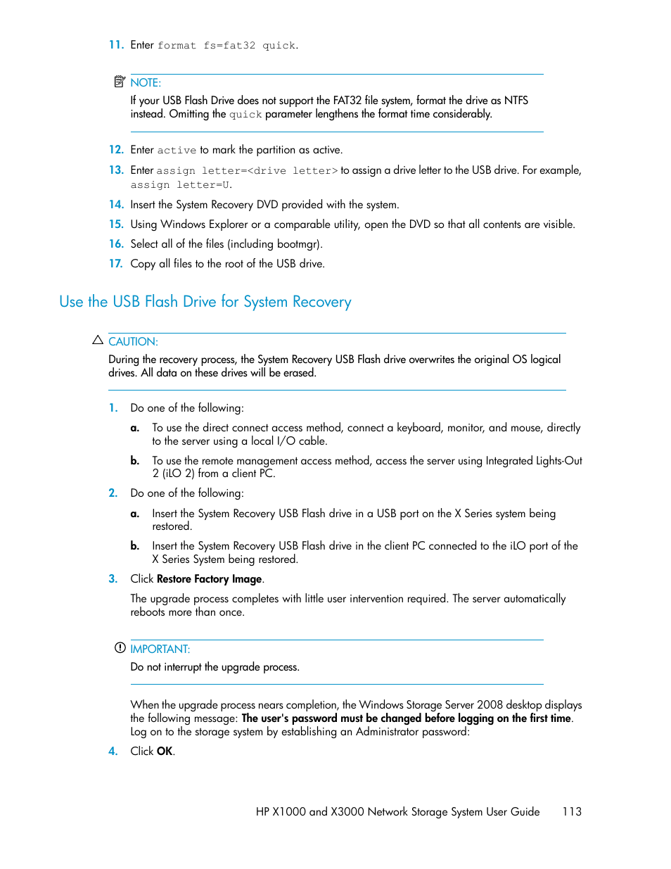 Use the usb flash drive for system recovery | HP X1000 Network Storage Systems User Manual | Page 113 / 146