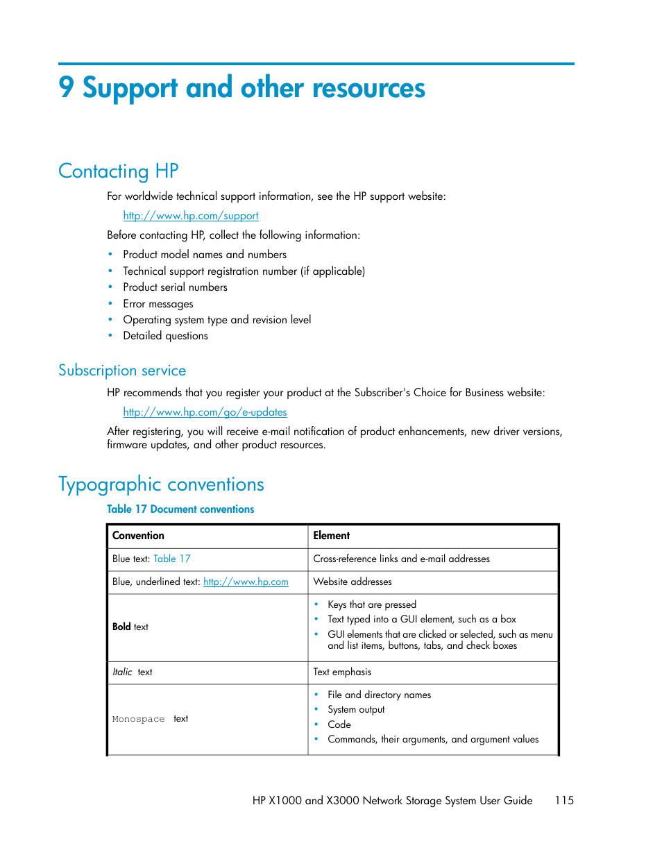 9 support and other resources, Contacting hp, Subscription service | Typographic conventions, Document conventions | HP X1000 Network Storage Systems User Manual | Page 115 / 146