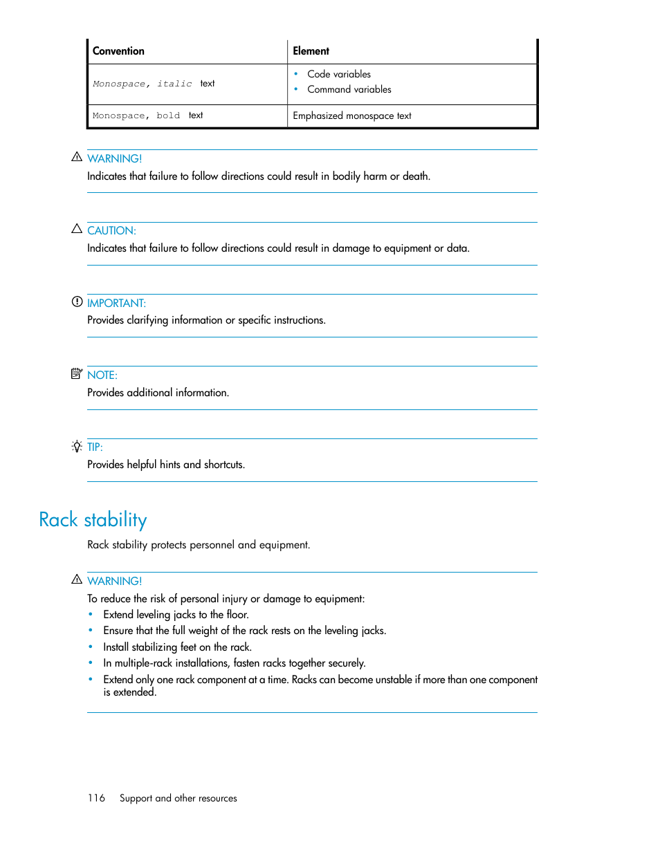 Rack stability | HP X1000 Network Storage Systems User Manual | Page 116 / 146