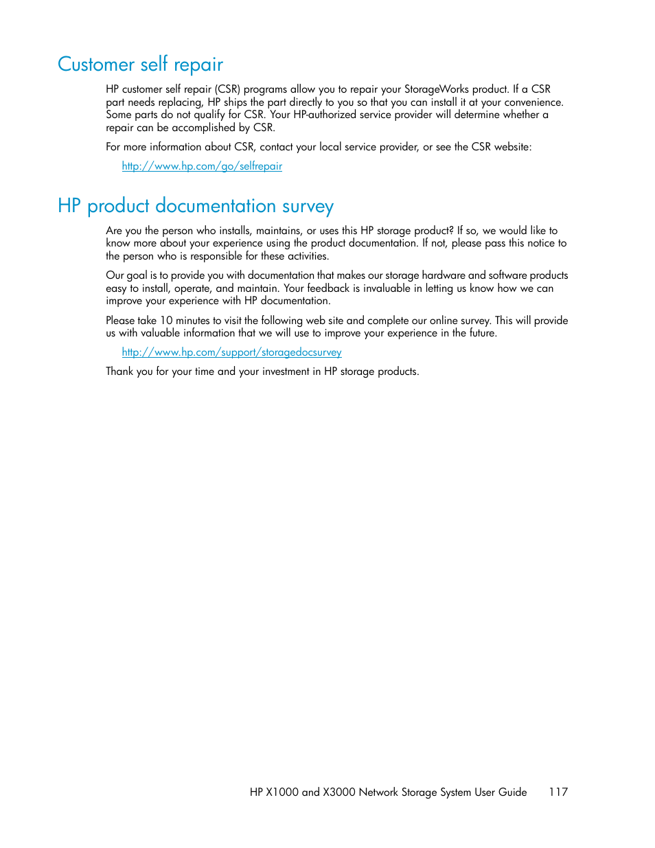 Customer self repair, Hp product documentation survey, 117 hp product documentation survey | HP X1000 Network Storage Systems User Manual | Page 117 / 146