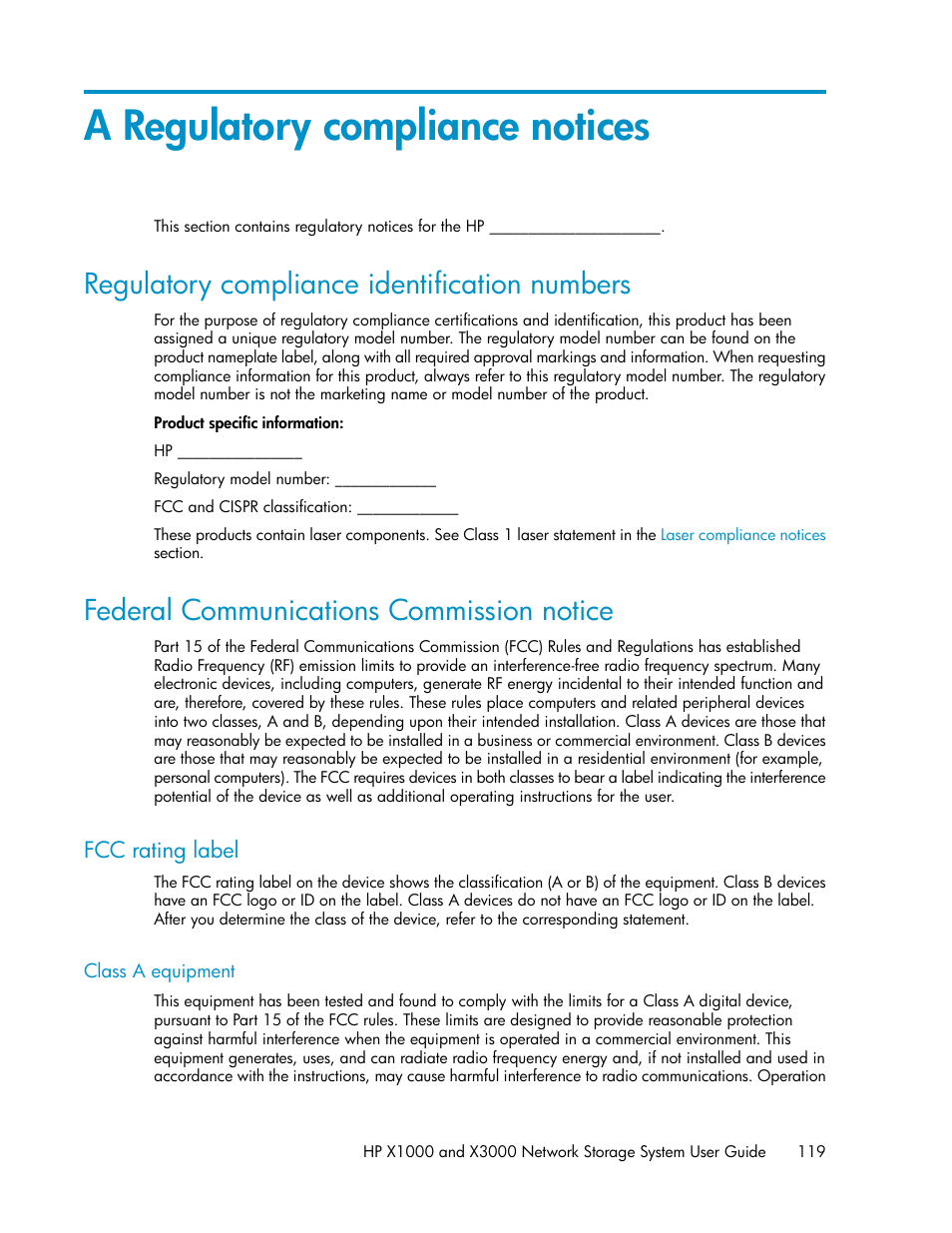 A regulatory compliance notices, Regulatory compliance identification numbers, Federal communications commission notice | Fcc rating label, Class a equipment, 119 federal communications commission notice | HP X1000 Network Storage Systems User Manual | Page 119 / 146