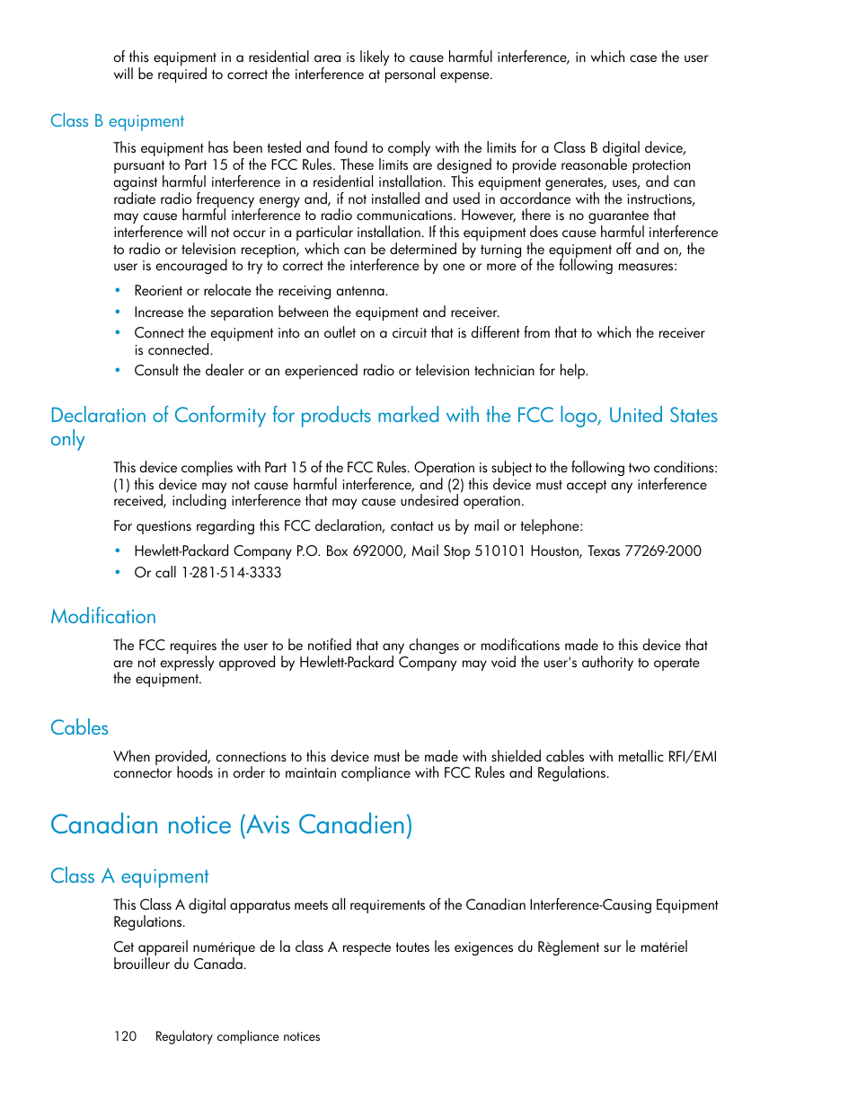 Class b equipment, Modification, Cables | Canadian notice (avis canadien), Class a equipment, 120 modification, 120 cables | HP X1000 Network Storage Systems User Manual | Page 120 / 146