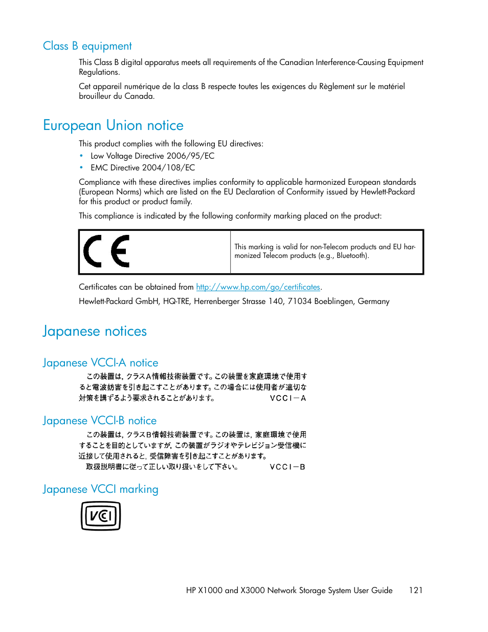 Class b equipment, European union notice, Japanese notices | Japanese vcci-a notice, Japanese vcci-b notice, Japanese vcci marking, 121 japanese notices, 121 japanese vcci-b notice, 121 japanese vcci marking | HP X1000 Network Storage Systems User Manual | Page 121 / 146
