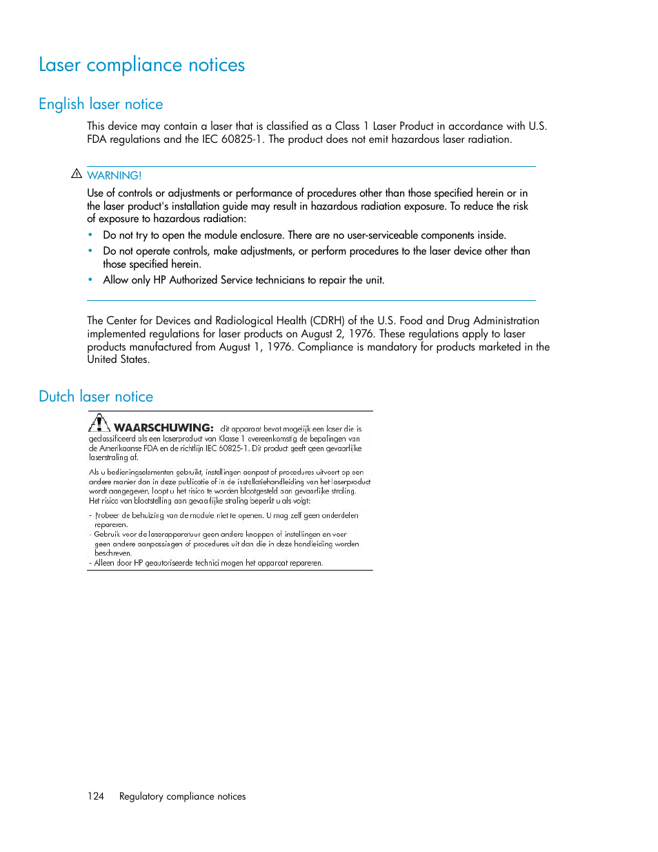 Laser compliance notices, English laser notice, Dutch laser notice | 124 dutch laser notice | HP X1000 Network Storage Systems User Manual | Page 124 / 146