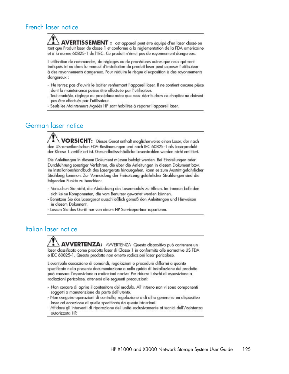French laser notice, German laser notice, Italian laser notice | 125 german laser notice, 125 italian laser notice | HP X1000 Network Storage Systems User Manual | Page 125 / 146