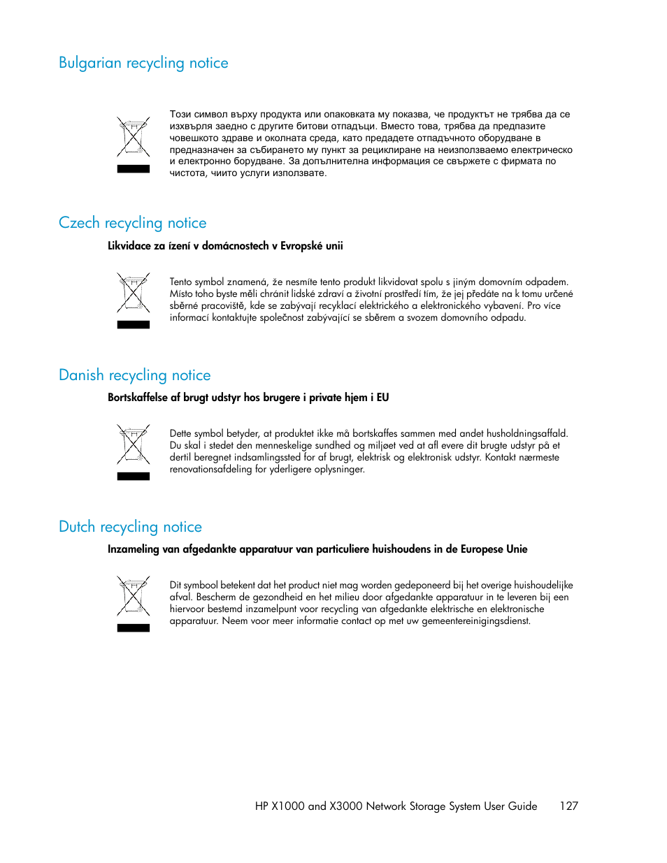 Bulgarian recycling notice, Czech recycling notice, Danish recycling notice | Dutch recycling notice, 127 czech recycling notice, 127 danish recycling notice, 127 dutch recycling notice | HP X1000 Network Storage Systems User Manual | Page 127 / 146