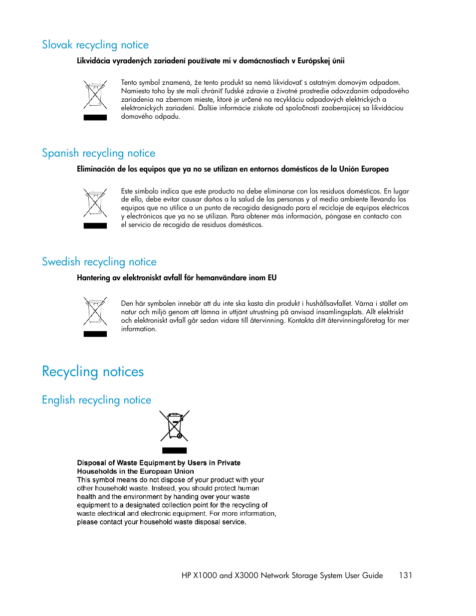 Slovak recycling notice, Spanish recycling notice, Swedish recycling notice | Recycling notices, English recycling notice, 131 spanish recycling notice, 131 swedish recycling notice | HP X1000 Network Storage Systems User Manual | Page 131 / 146
