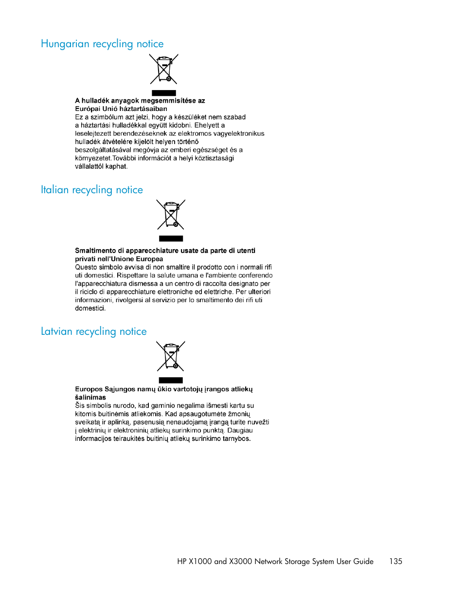 Hungarian recycling notice, Italian recycling notice, Latvian recycling notice | 135 italian recycling notice, 135 latvian recycling notice | HP X1000 Network Storage Systems User Manual | Page 135 / 146
