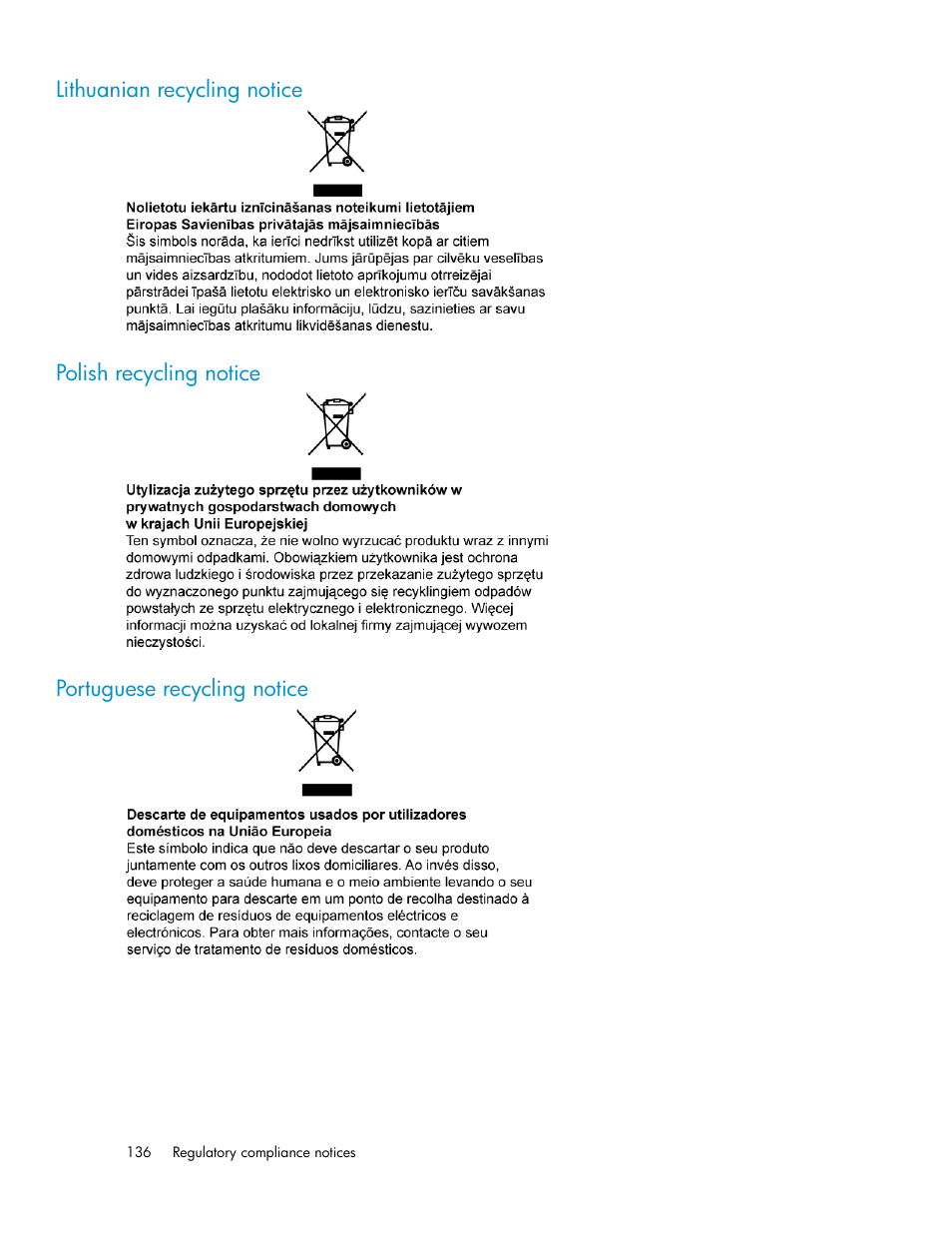Lithuanian recycling notice, Polish recycling notice, Portuguese recycling notice | 136 polish recycling notice, 136 portuguese recycling notice | HP X1000 Network Storage Systems User Manual | Page 136 / 146