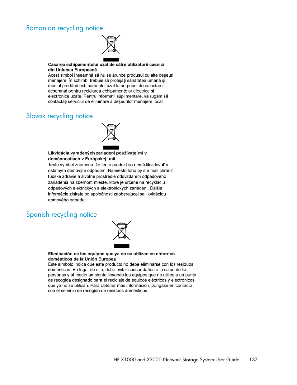 Romanian recycling notice, Slovak recycling notice, Spanish recycling notice | 137 slovak recycling notice, 137 spanish recycling notice | HP X1000 Network Storage Systems User Manual | Page 137 / 146
