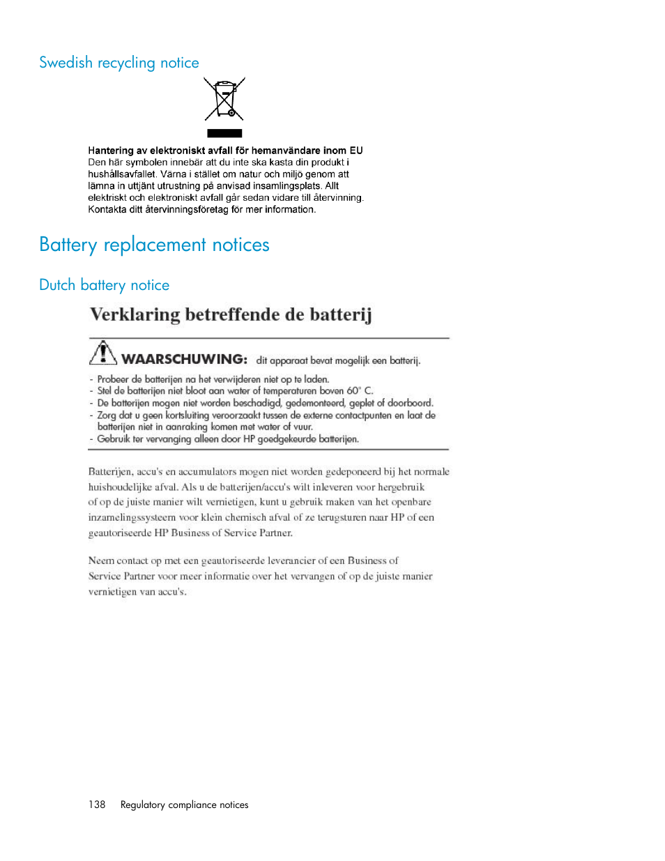 Swedish recycling notice, Battery replacement notices, Dutch battery notice | HP X1000 Network Storage Systems User Manual | Page 138 / 146