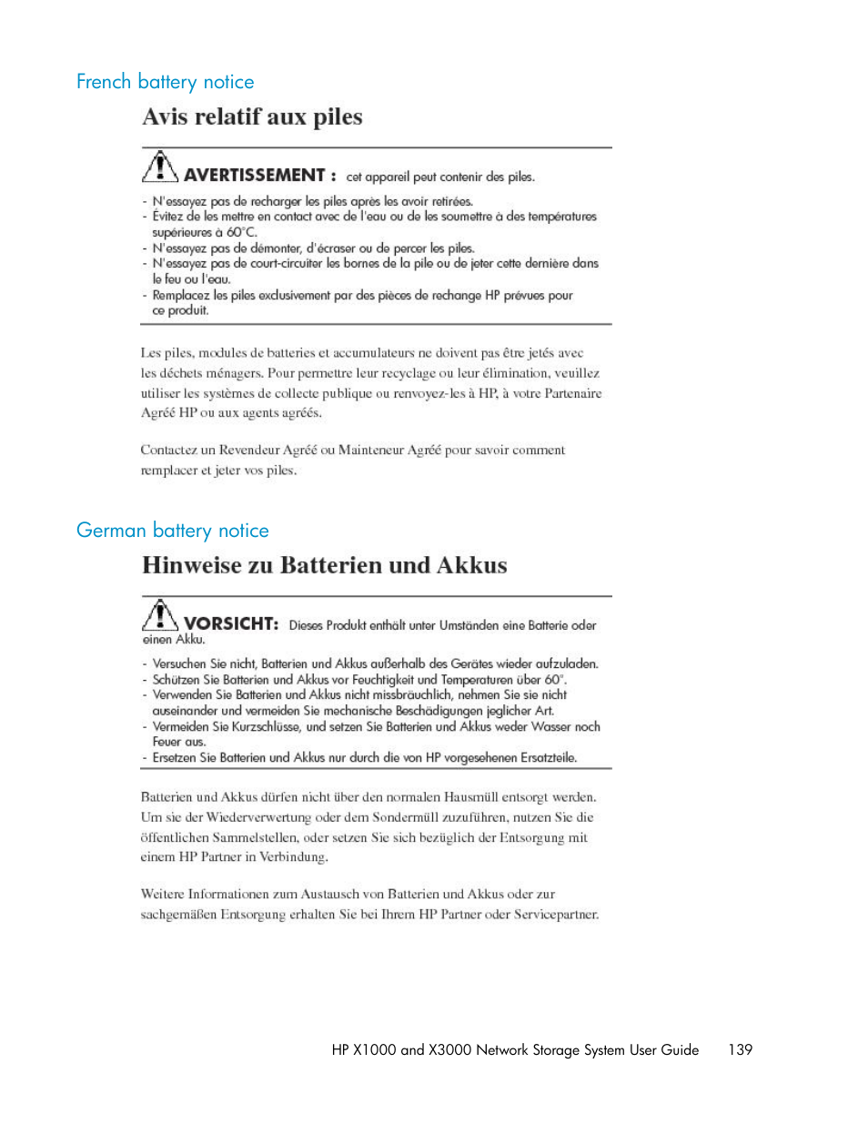 French battery notice, German battery notice, 139 german battery notice | HP X1000 Network Storage Systems User Manual | Page 139 / 146
