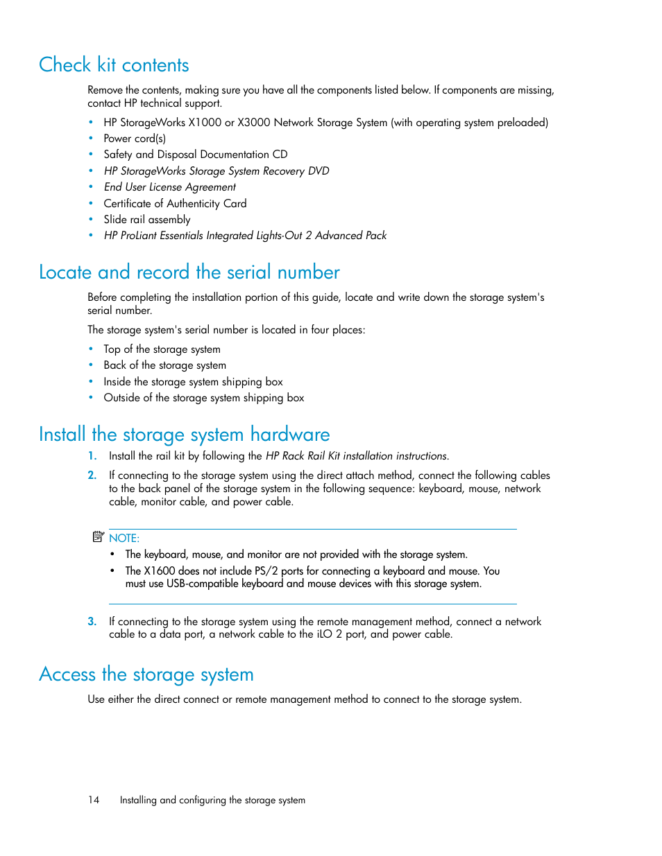 Check kit contents, Locate and record the serial number, Install the storage system hardware | Access the storage system, 14 locate and record the serial number, 14 install the storage system hardware, 14 access the storage system | HP X1000 Network Storage Systems User Manual | Page 14 / 146