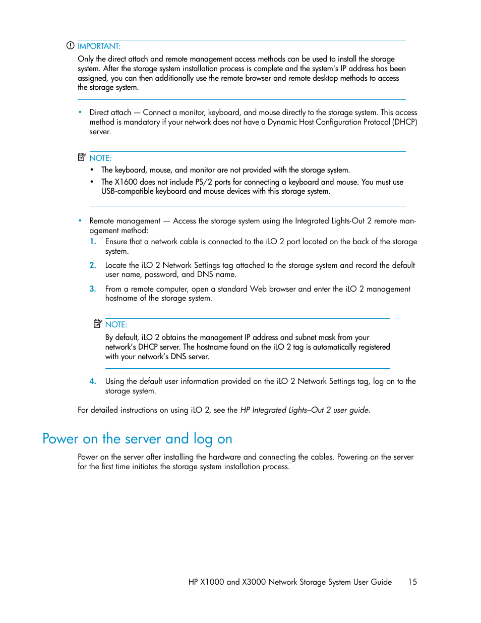 Power on the server and log on | HP X1000 Network Storage Systems User Manual | Page 15 / 146