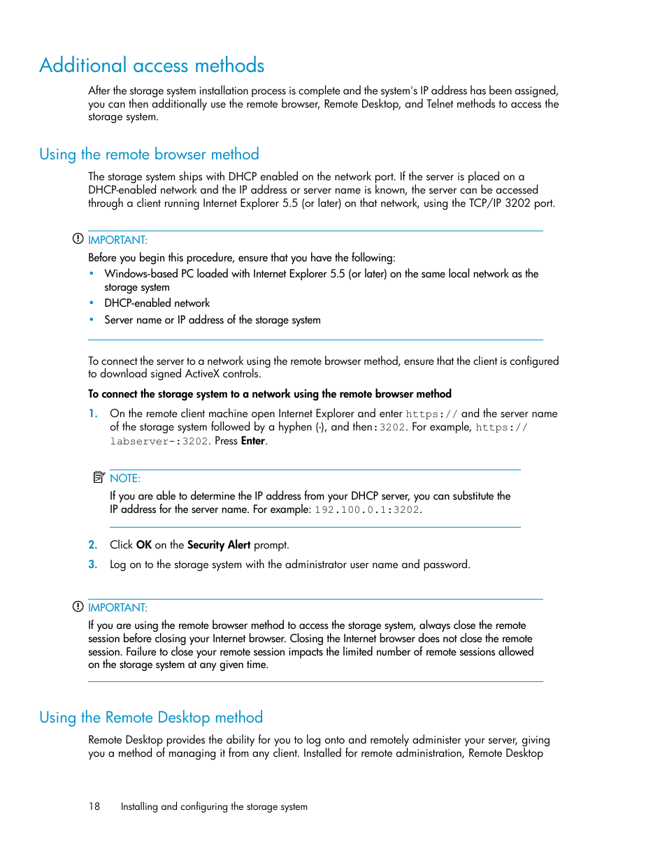 Additional access methods, Using the remote browser method, Using the remote desktop method | 18 using the remote desktop method | HP X1000 Network Storage Systems User Manual | Page 18 / 146