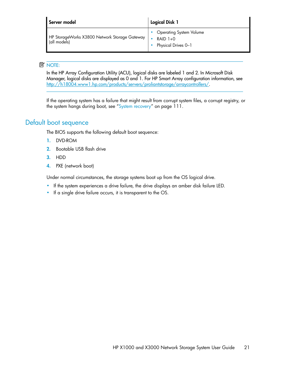 Default boot sequence | HP X1000 Network Storage Systems User Manual | Page 21 / 146