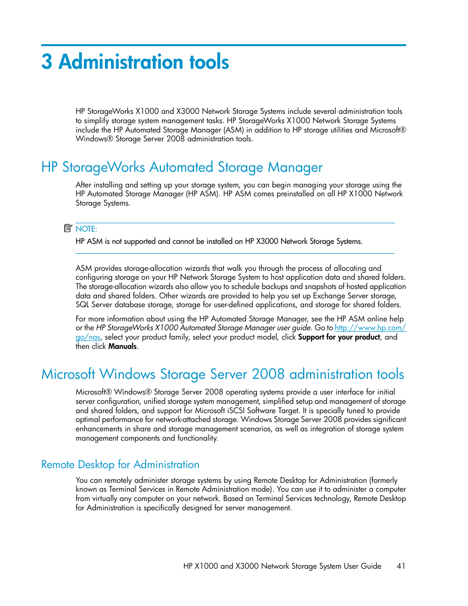 3 administration tools, Hp storageworks automated storage manager, Remote desktop for administration | HP X1000 Network Storage Systems User Manual | Page 41 / 146