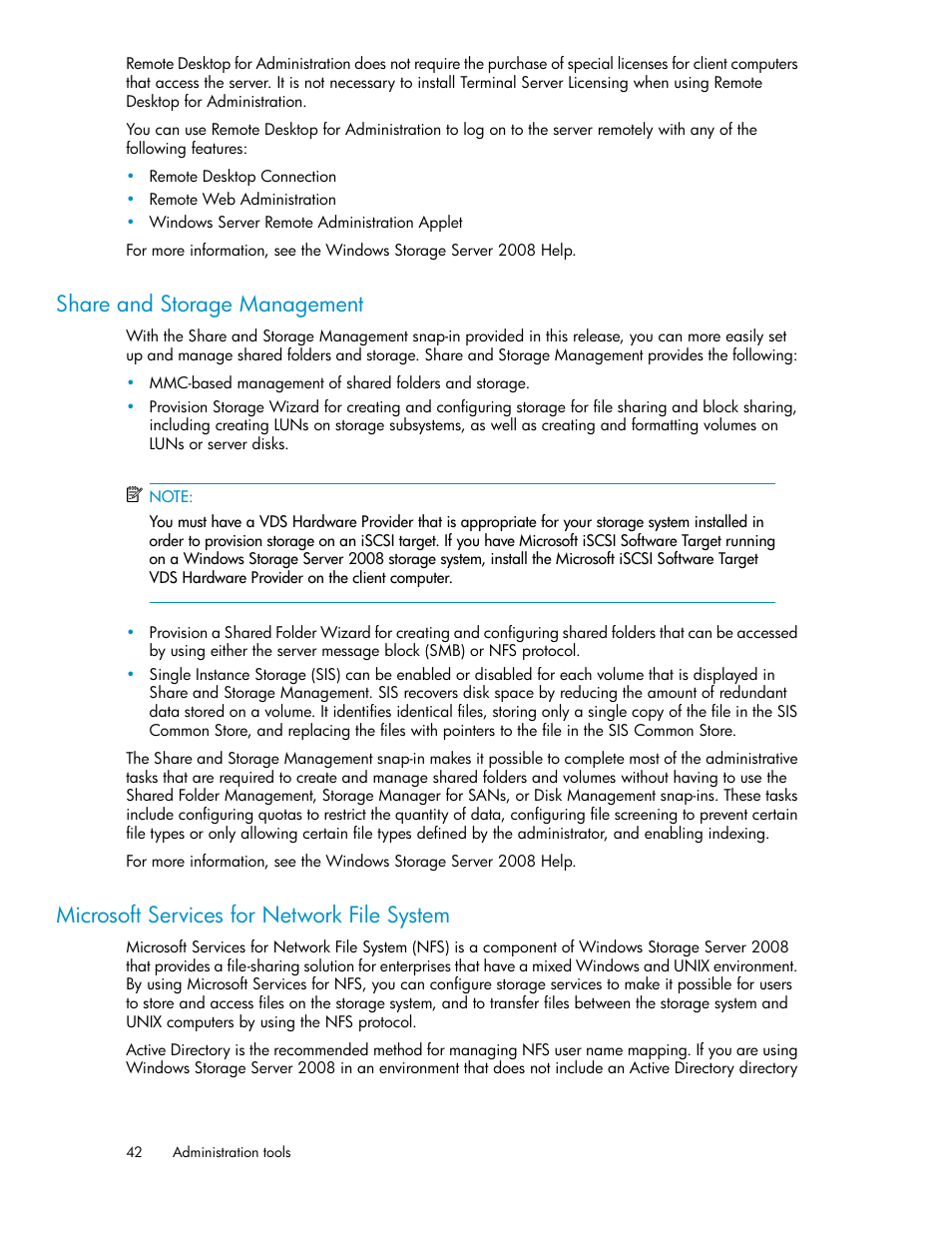 Share and storage management, Microsoft services for network file system, 42 microsoft services for network file system | HP X1000 Network Storage Systems User Manual | Page 42 / 146