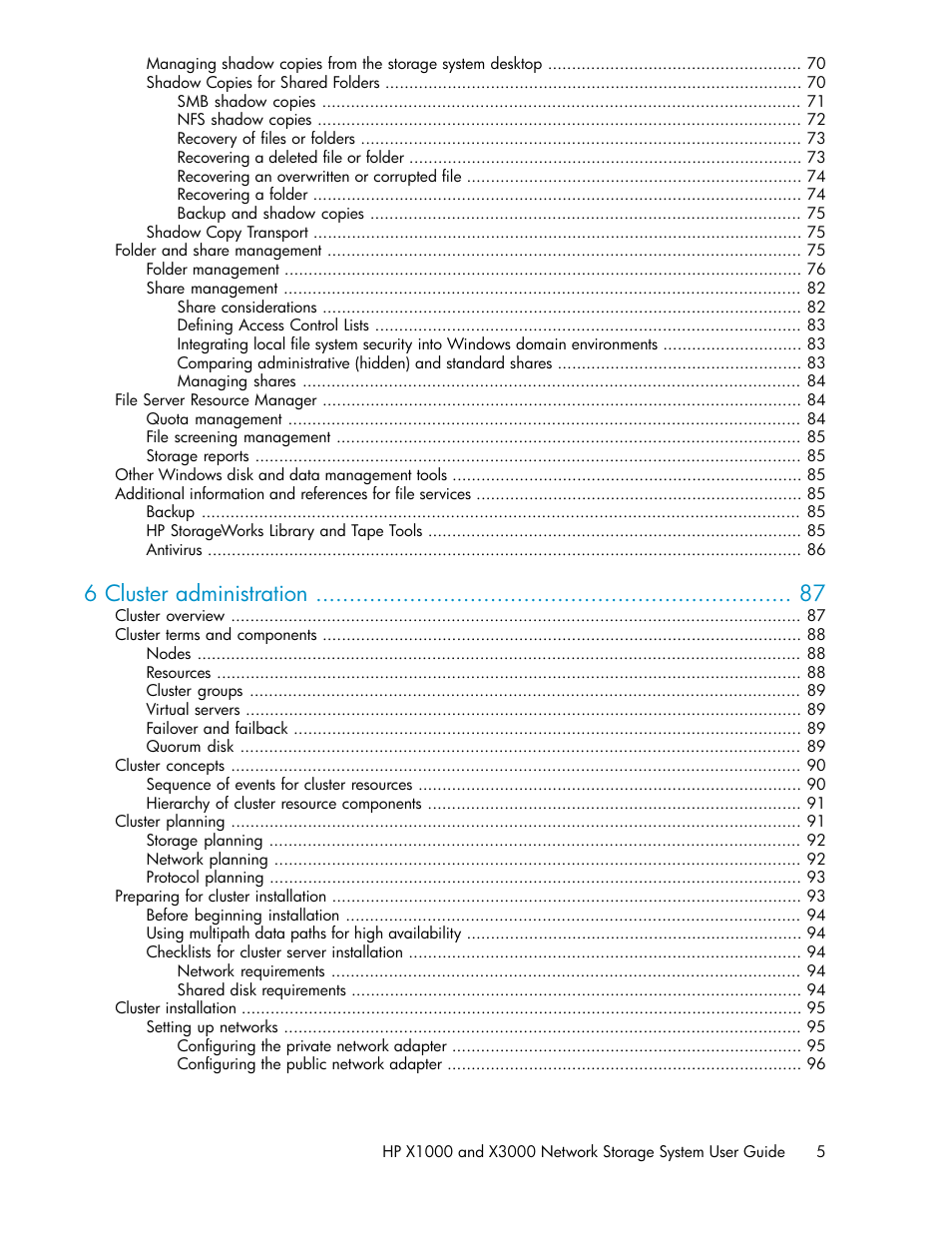 6 cluster administration | HP X1000 Network Storage Systems User Manual | Page 5 / 146