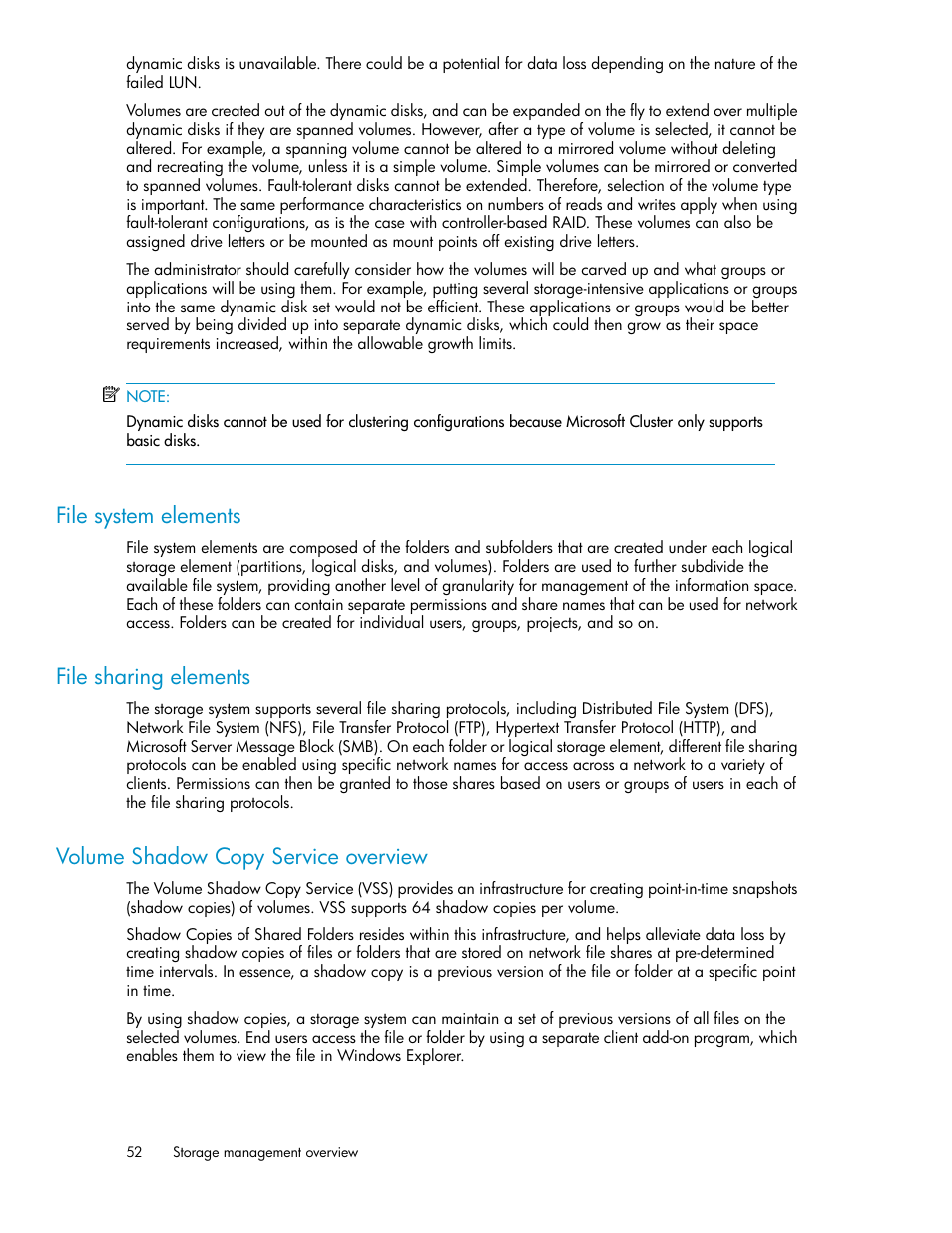 File system elements, File sharing elements, Volume shadow copy service overview | 52 file sharing elements, 52 volume shadow copy service overview | HP X1000 Network Storage Systems User Manual | Page 52 / 146