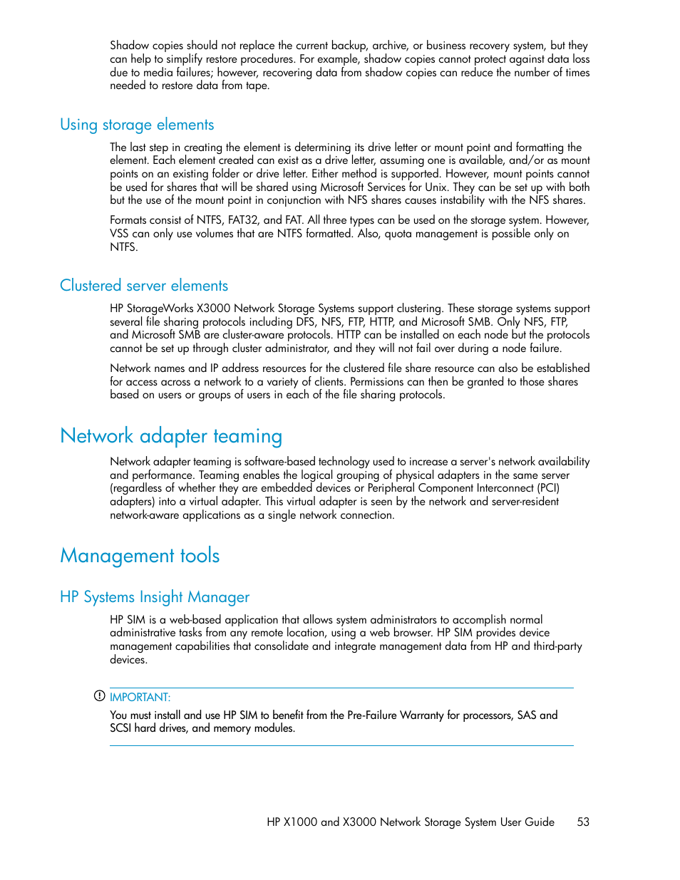Using storage elements, Clustered server elements, Network adapter teaming | Management tools, Hp systems insight manager, 53 clustered server elements, 53 management tools | HP X1000 Network Storage Systems User Manual | Page 53 / 146