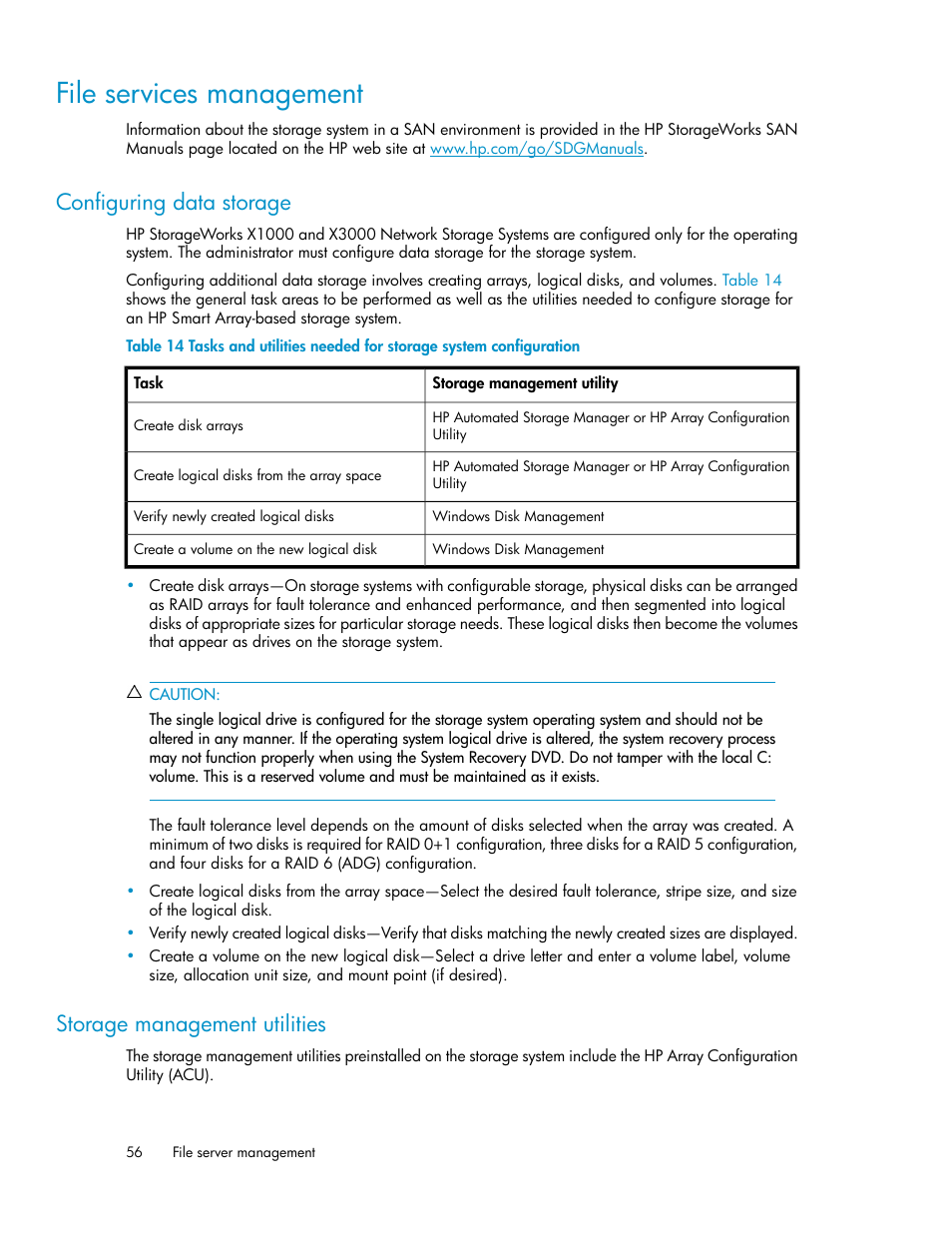 File services management, Configuring data storage, Storage management utilities | 56 storage management utilities, Configuring data, Storage | HP X1000 Network Storage Systems User Manual | Page 56 / 146