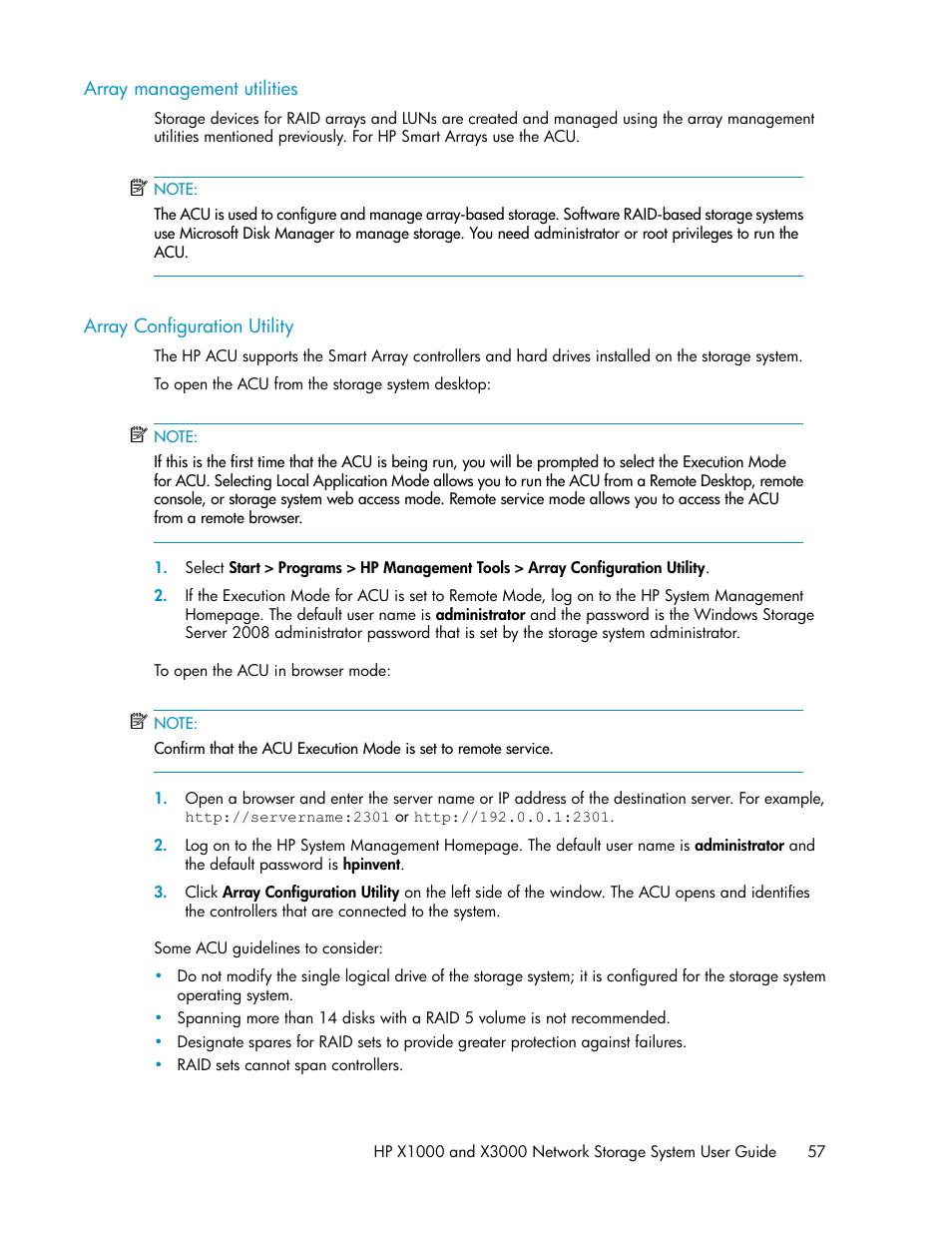 Array management utilities, Array configuration utility, 57 array configuration utility | HP X1000 Network Storage Systems User Manual | Page 57 / 146